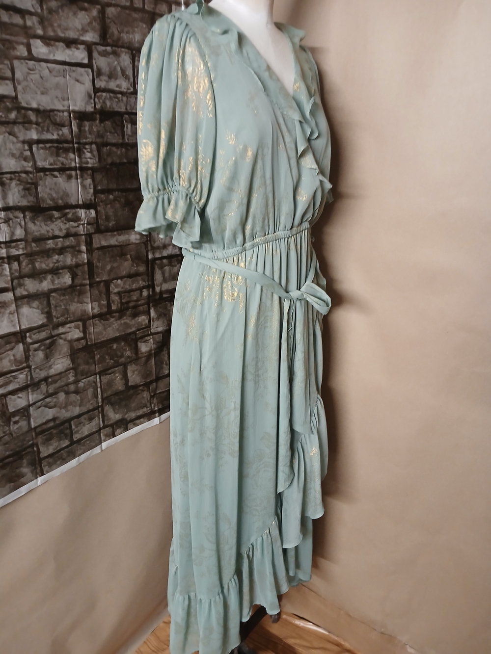 LC Lauren Conrad Sage Green Ruffle Wrap Midi Dress with Gold Accents - Picture 6 of 10
